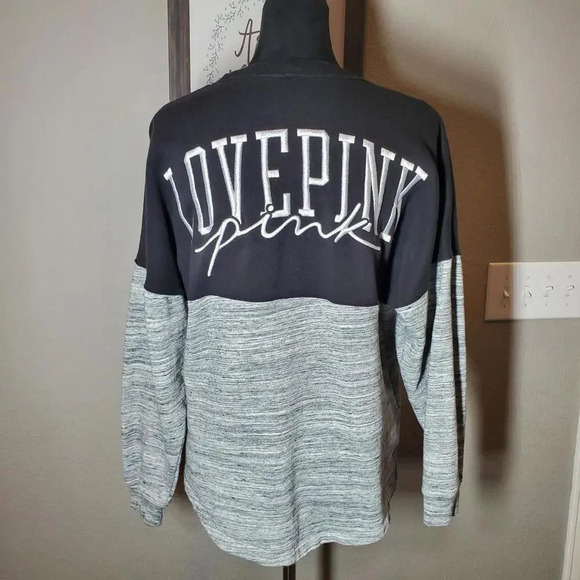 Victoria's Secret PINK Oversize Varsity Crew Neck Sweatshirt Black Gray Marl XS - Picture 1 of 13
